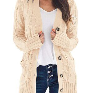 Chunky Cable Knit Cardigan Open Front Button Down Cozy Winter Sweater